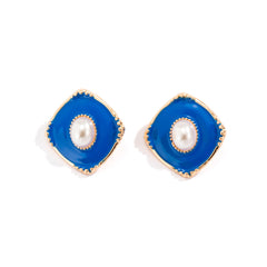 Blue Enamel & Pearl 18K Gold-Plated Rhombus Stud Earrings
