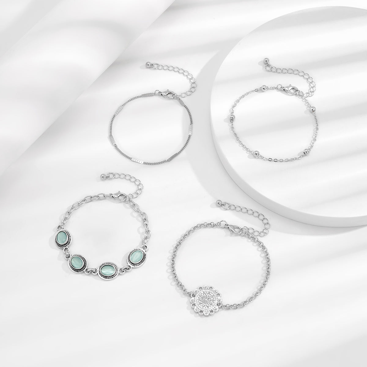 Cats Eye and Silver-Plated Oval Charm Bracelet Set, jewelry gift sets for women, botanical inspired, styled look