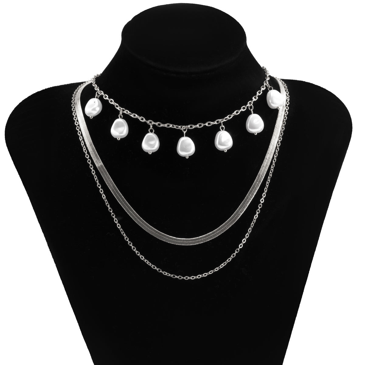 Pearl & Silver-Plated Drop Station Layered Chain Necklace