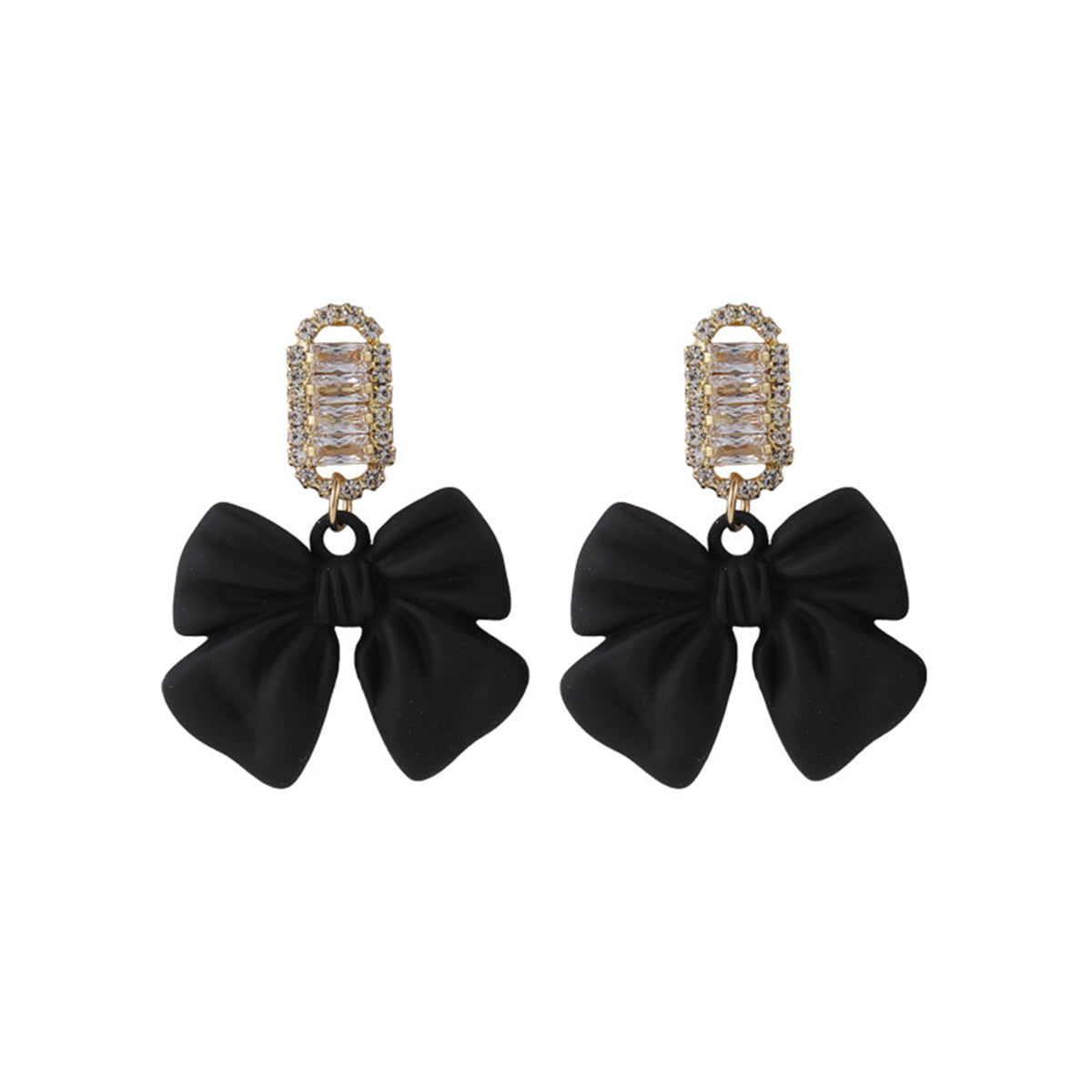 Black acrylic bowknot earrings featuring sparkling cubic zirconia crystals in a stylish drop design.