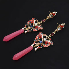 Pink Resin & Cubic Zirconia Butterfly Drop Earrings