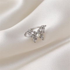 Pearl & Crystal Silver-Plated Butterfly Band Ring