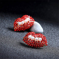 Imitation Pearl & Red cubic zirconia Lips Stud Earrings - streetregion