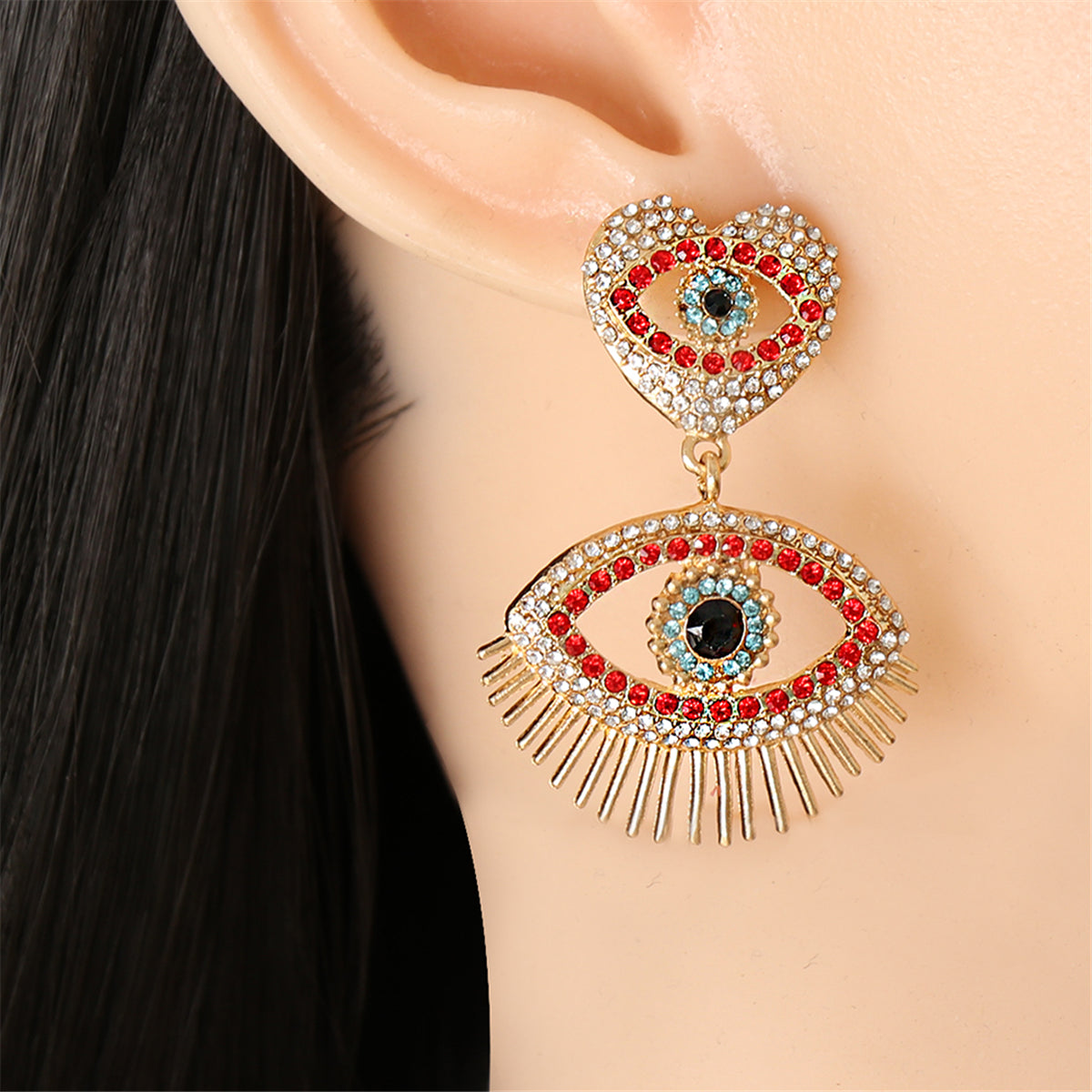 Red Cubic Zirconia and 18K Gold-Plated Evil Eye Drop Earrings, gold drop earrings for women, styled look