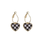 Black & White Checkerboard Heart Drop Earrings