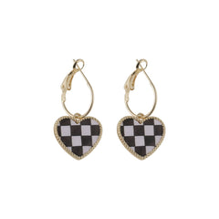 Black & White Checkerboard Heart Drop Earrings