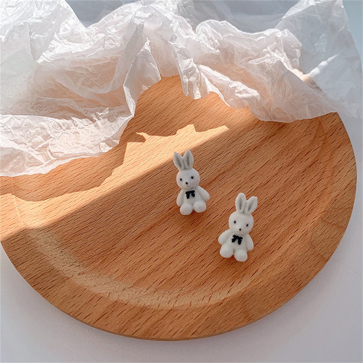 White Gabardine and Silver-Plated Rabbit Stud Earrings, silver stud earrings for women, everyday style, lifestyle look