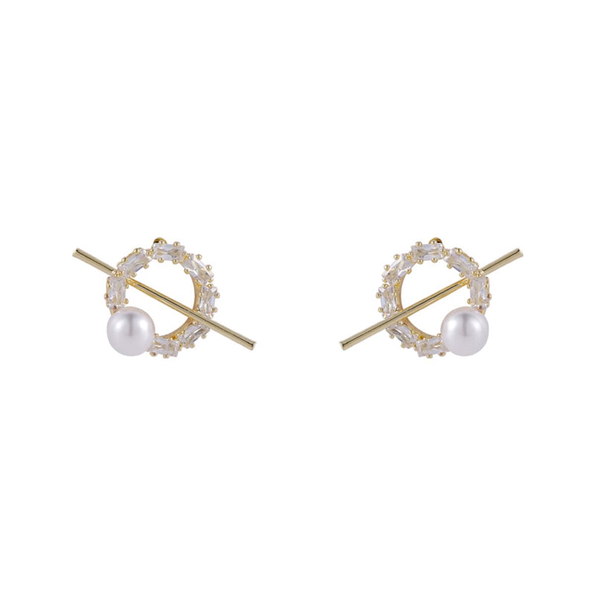 Pearl and Cubic Zirconia Pav¨¦ Bar Round Stud Earrings, stud earrings for women, dainty minimalist design, detail close-up