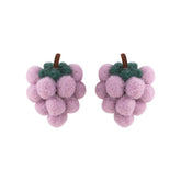 Purple & Green Wool Fuzzy Grape Bunch Stud Earrings