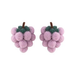 Purple & Green Wool Fuzzy Grape Bunch Stud Earrings
