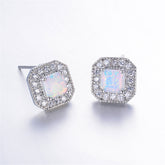 White Opal Princess-Cut Halo Stud Earrings