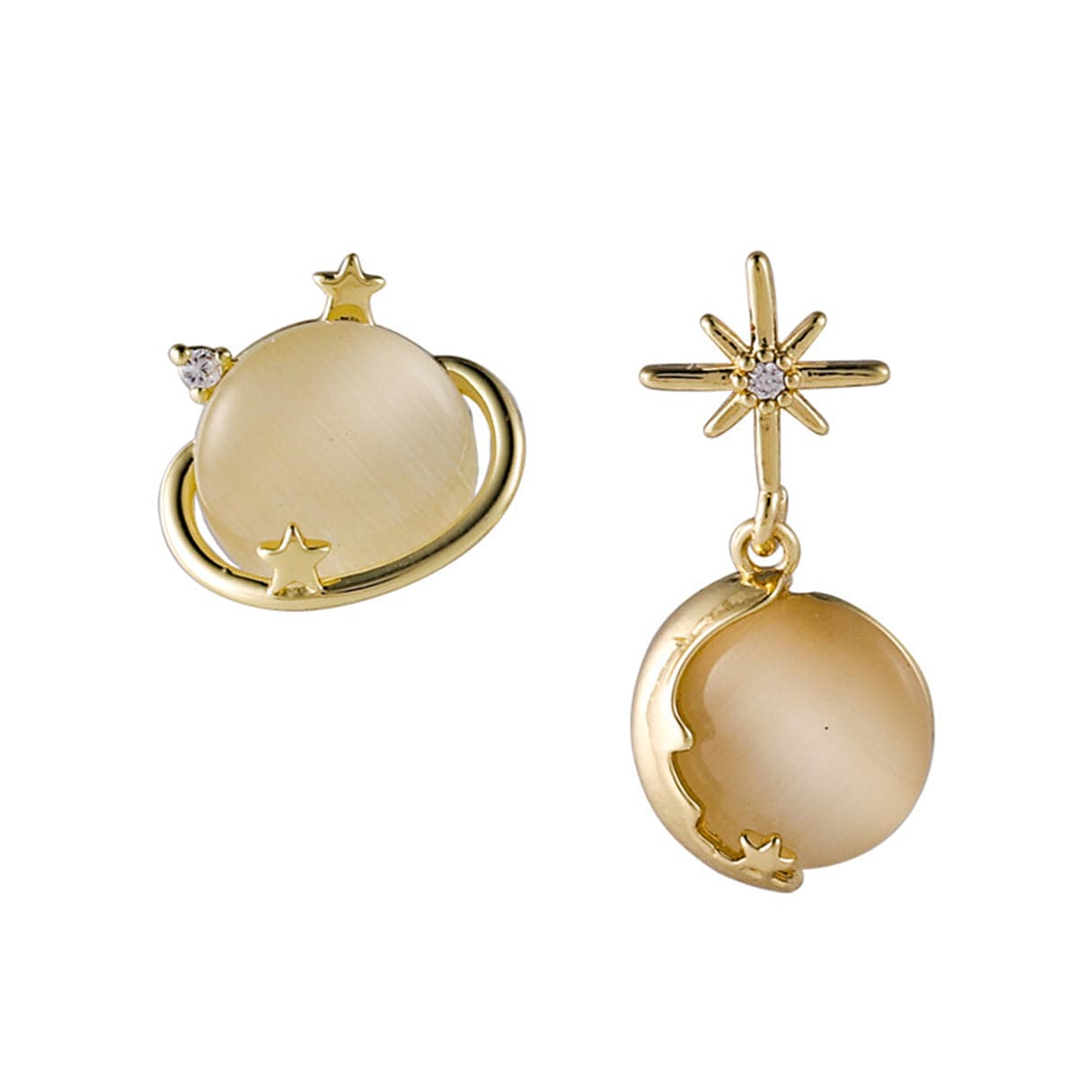 Cat-Eye & 18K Gold-Plated Planet Stud Earring & Moon Drop Earring