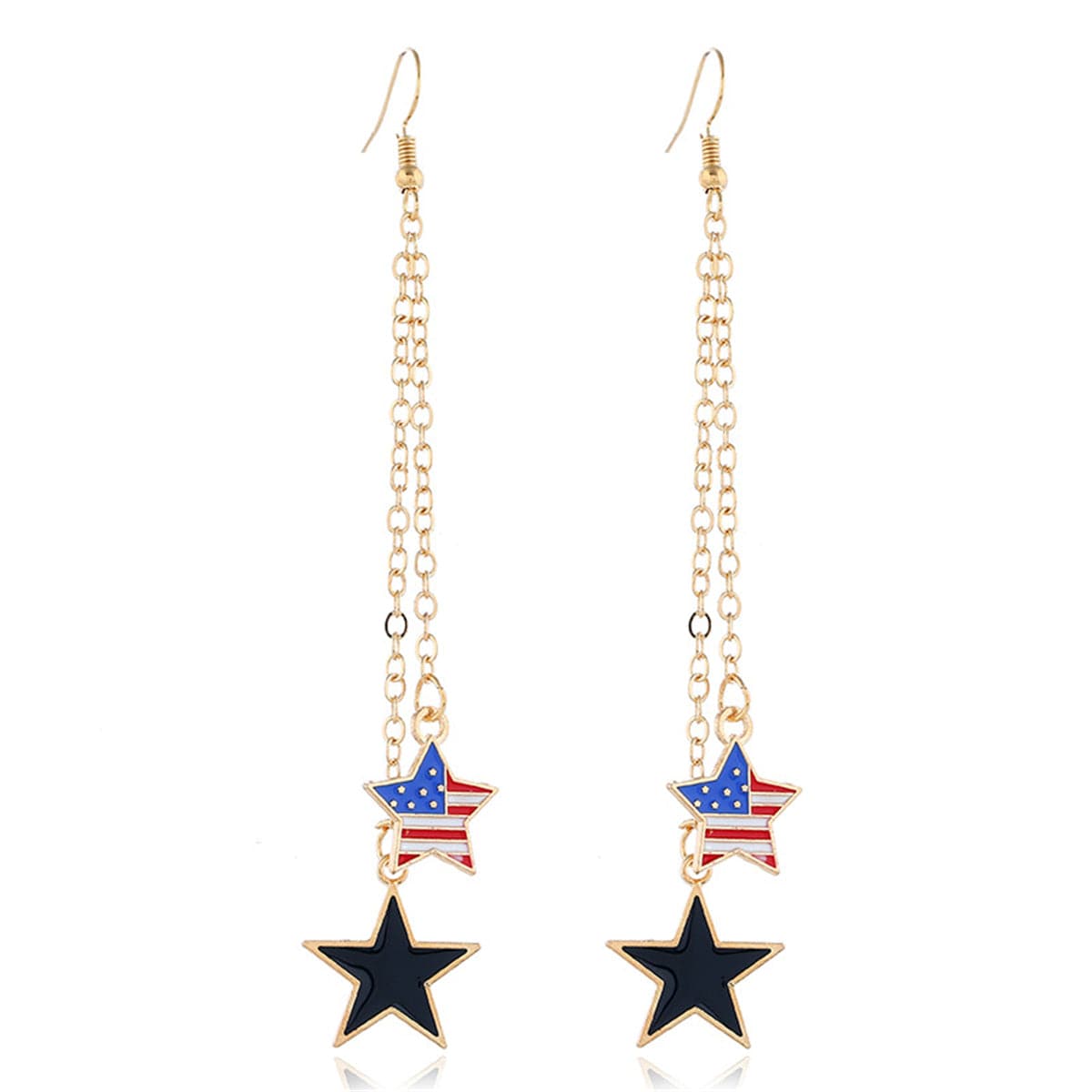 Stunning 18K gold-plated drop earrings featuring the American flag and stars, ideal for Independence Day festivities.