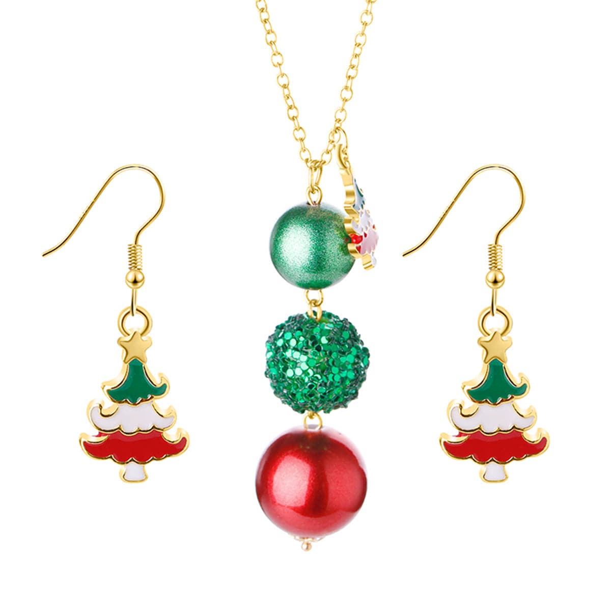 Red Enamel & 18K Gold-Plated Christmas Tree Drop Earrings & Beaded Pendant Necklace Set