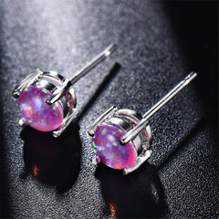 Purple Opal & Silver-Plated Round Stud Earrings