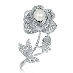 Cubic Zirconia & Pearl Silver-Plated Rose Brooch