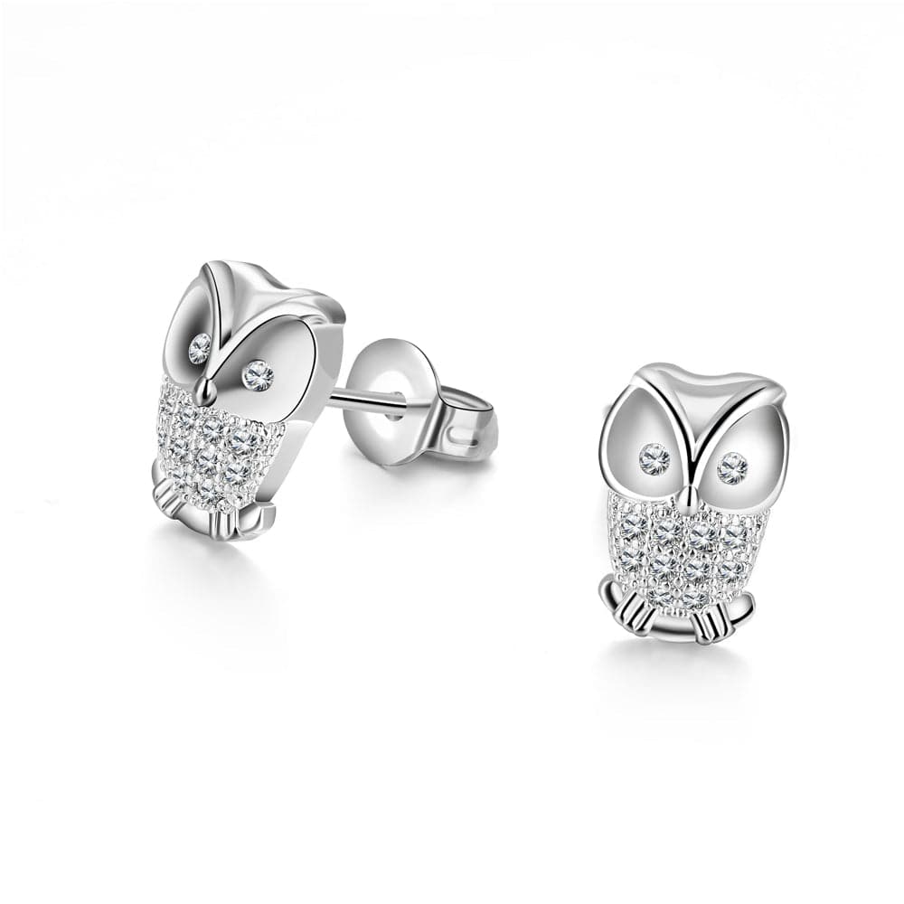 Cubic Zirconia & Silvertone Owl Stud Earrings - streetregion
