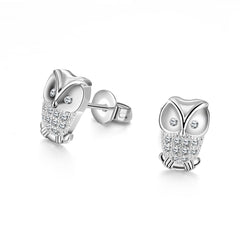 Cubic Zirconia & Silvertone Owl Stud Earrings - streetregion