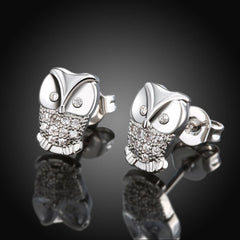 Cubic Zirconia & Silvertone Owl Stud Earrings - streetregion