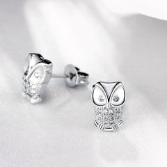 Cubic Zirconia & Silvertone Owl Stud Earrings - streetregion