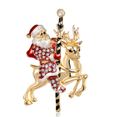 Cubic Zirconia & 18K Gold-Plated Santa Claus & Reindeer Brooch