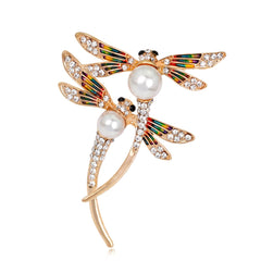 Pearl & Cubic Zirconia Enamel 18K Gold-Plated Double-Dragonfly Brooch