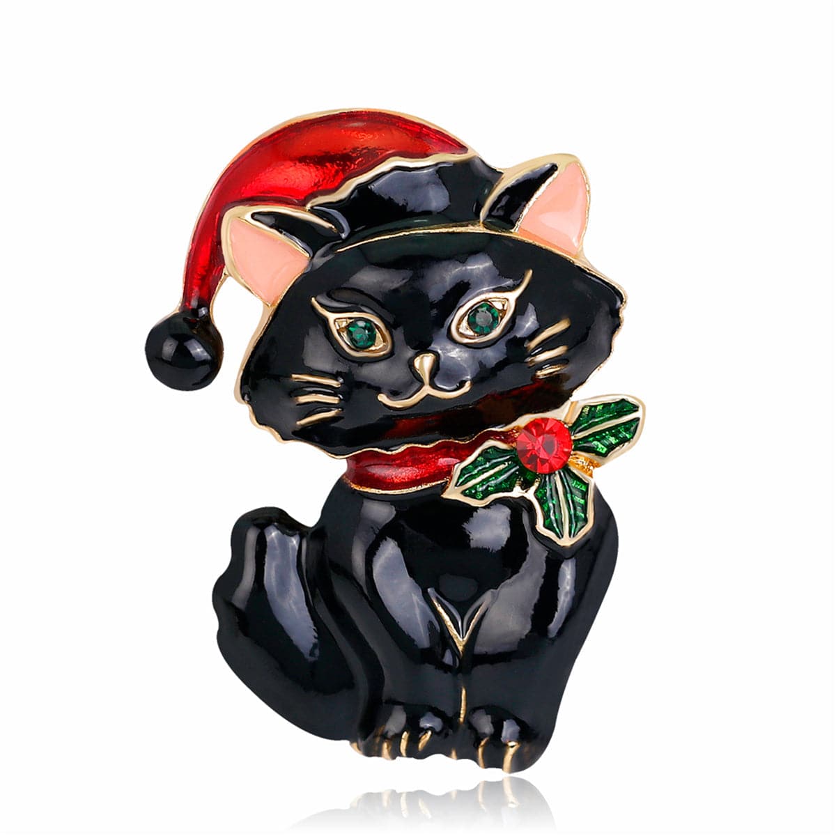 A chic black cat brooch adorned with a Santa hat, crafted in 18K gold-plated and sparkling cubic zirconia.