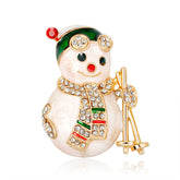 Cubic Zirconia & 18K Gold-Plated Skiing Snowman Brooch