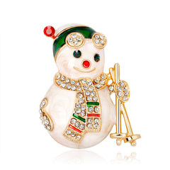 Cubic Zirconia & 18K Gold-Plated Skiing Snowman Brooch