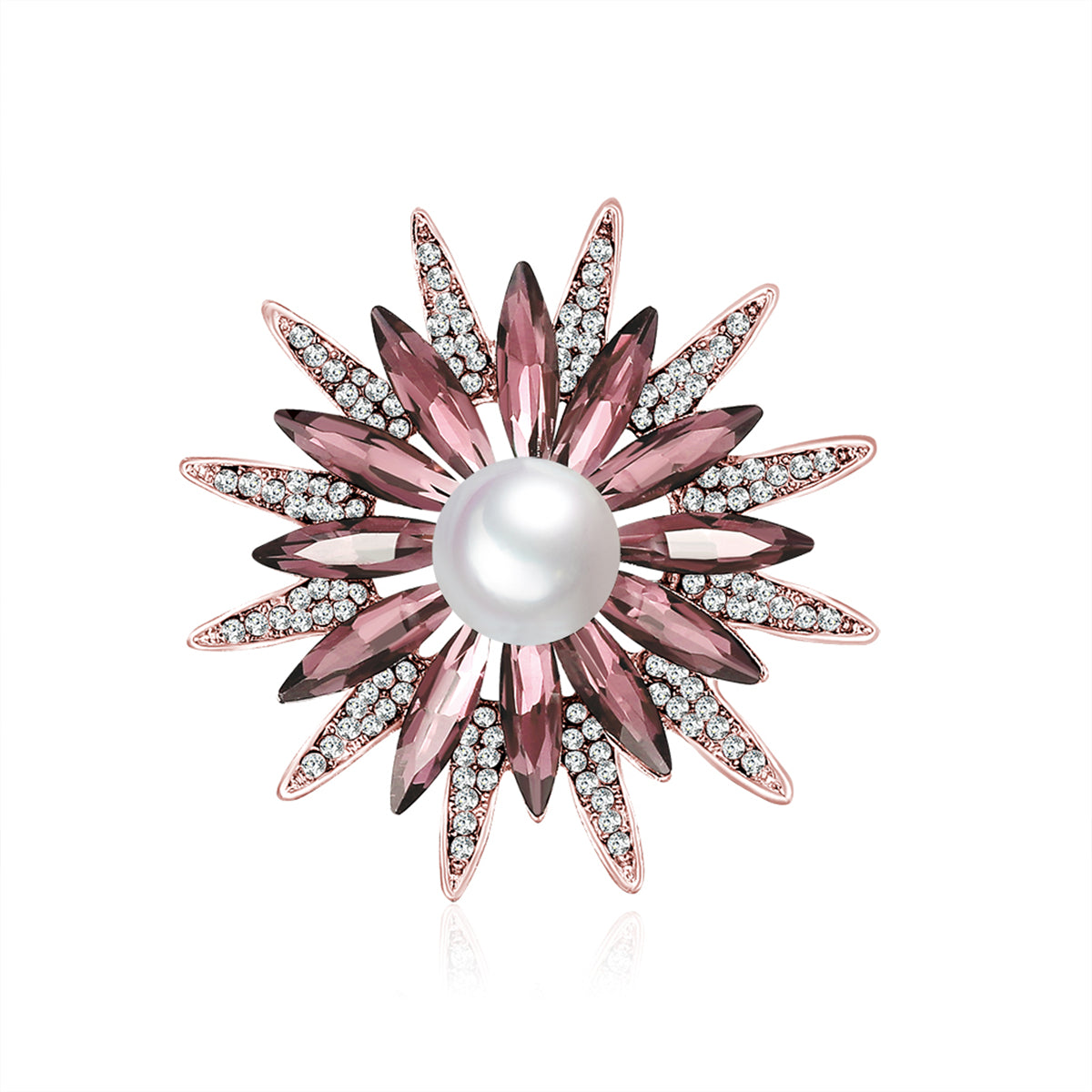Red Crystal and Cubic Zirconia Pearl Flower Brooch, brooch pin, botanical inspired, side view