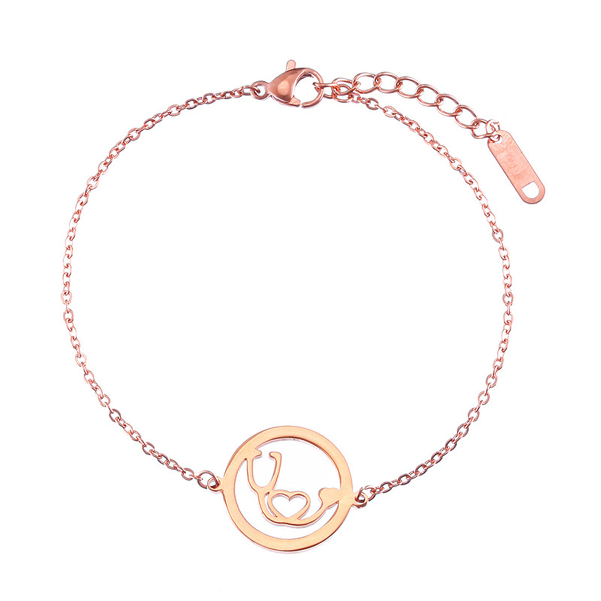 18K Rose Gold-Plated Stethoscope Charm Bracelet, rose gold bracelet for women, botanical inspired, front view
