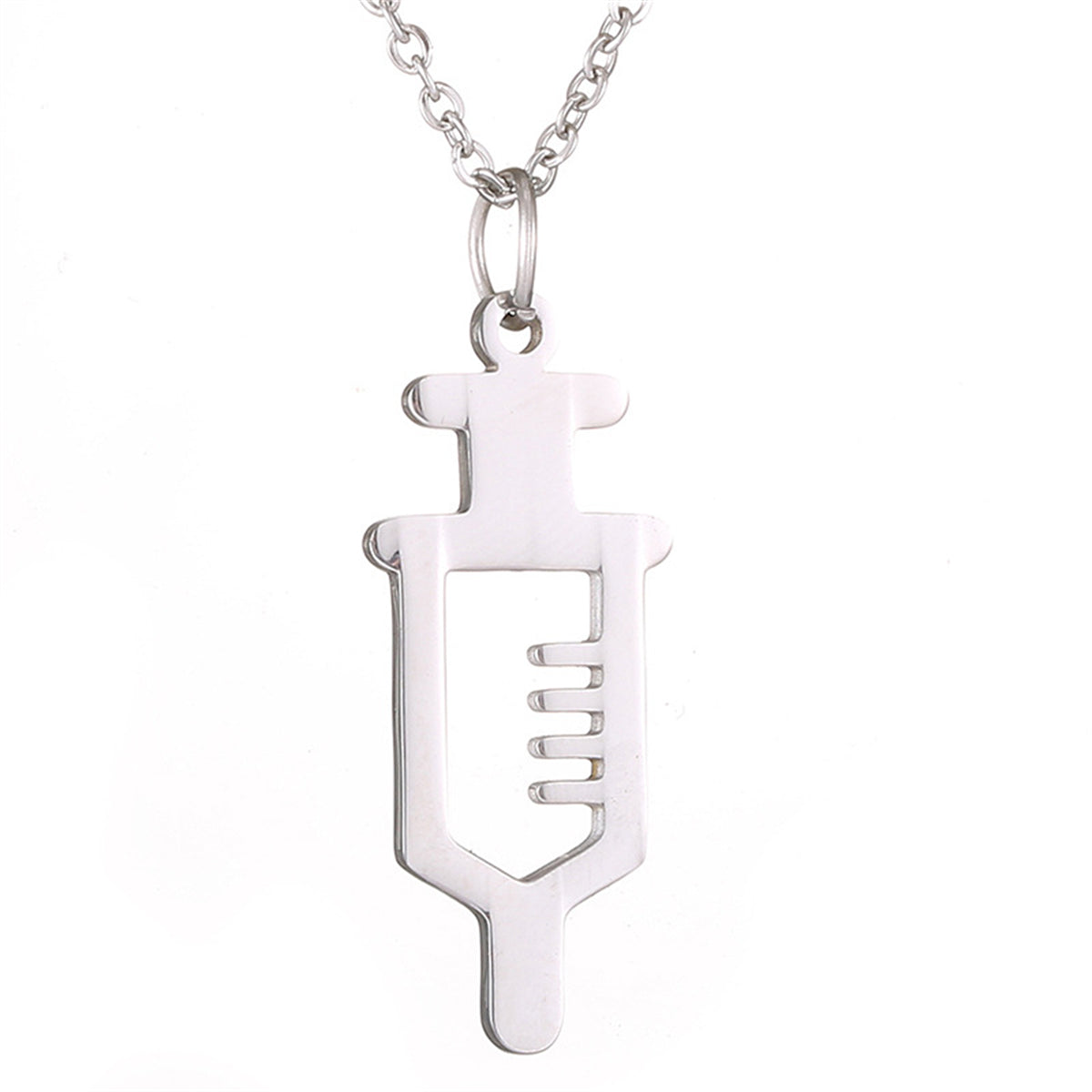 Silver-Plated Open Injector Pendant Necklace, silver pendant necklace for women, vintage-inspired design, front view