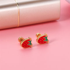 Red & Green Enamel 18K Gold-Plated Trawberry Stud Earrings