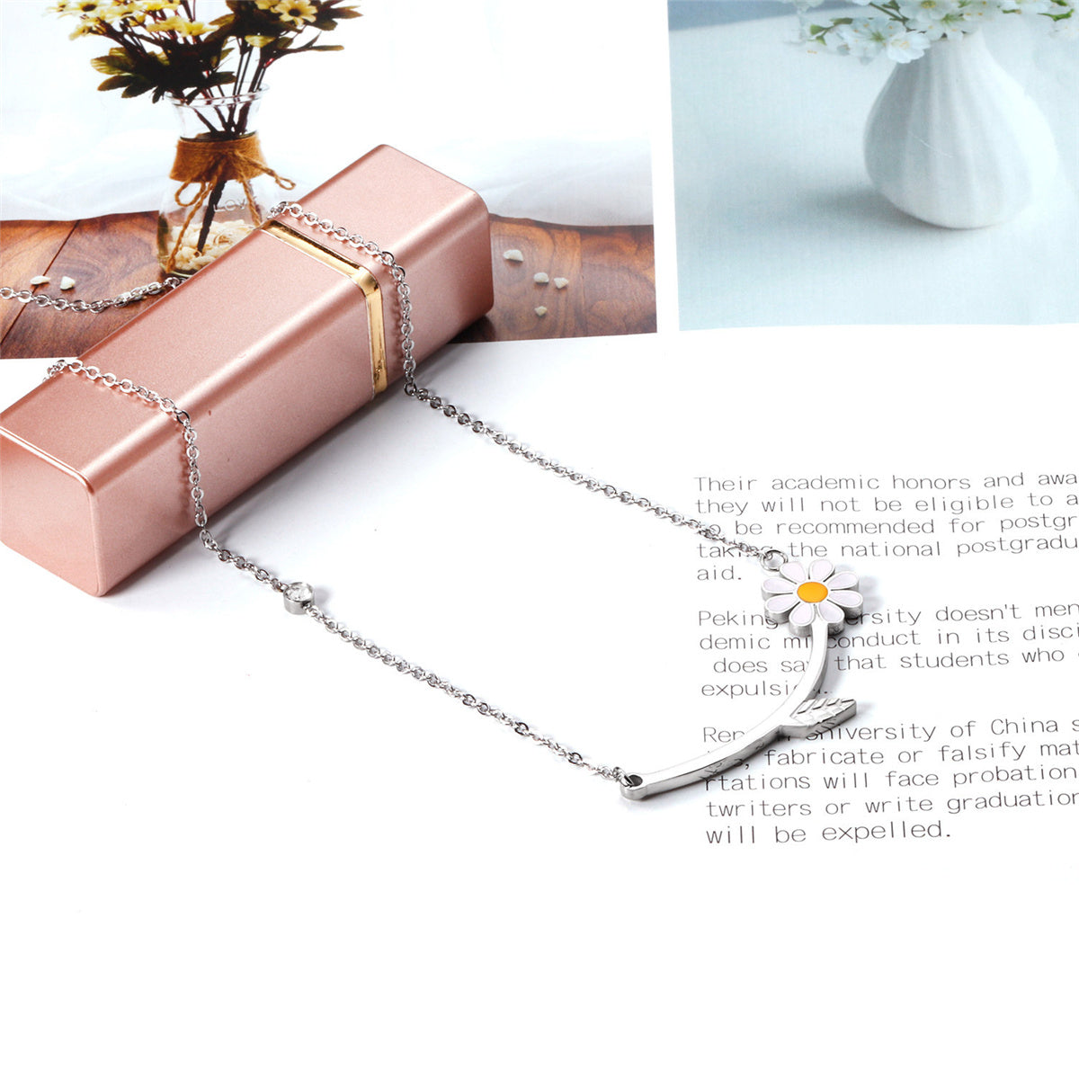 Yellow Enamel and Silver-Plated Cubic Zirconia-Accent Mum Bar Necklace, silver pendant necklace for women, lifestyle look