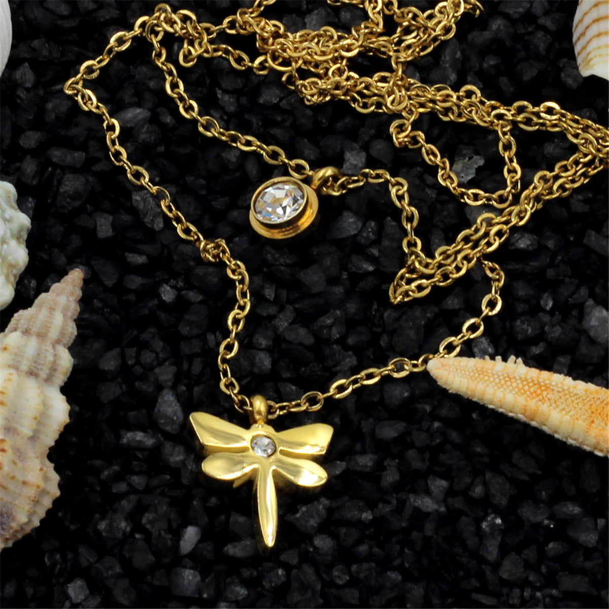 Cubic Zirconia and 18K Gold-Plated Dragonfly Layered Pendant Necklace, gold pendant necklace for women, detail close-up