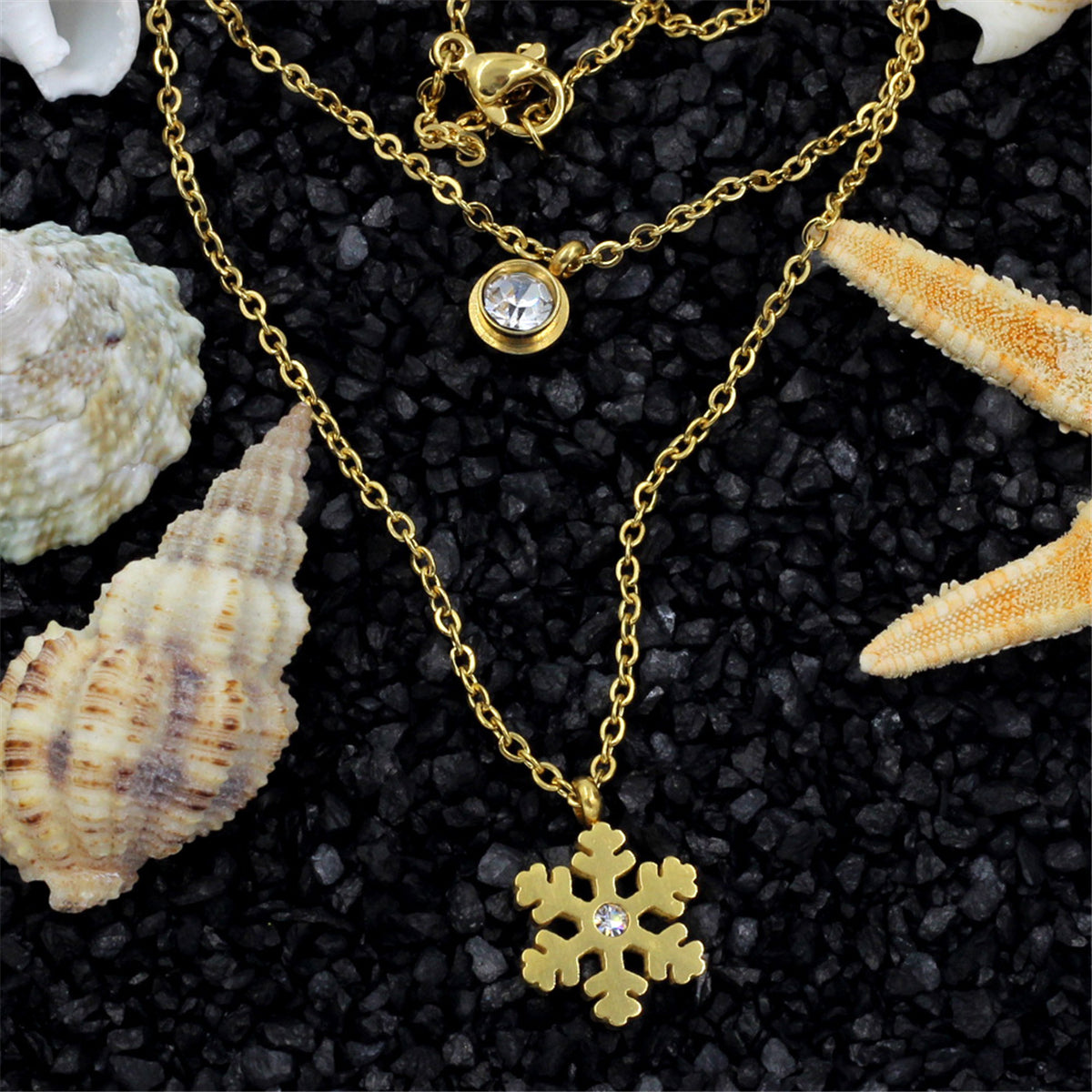 Cubic Zirconia and 18K Gold-Plated Layered Snowflake Pendant Necklace, gold pendant necklace for women, detail close-up