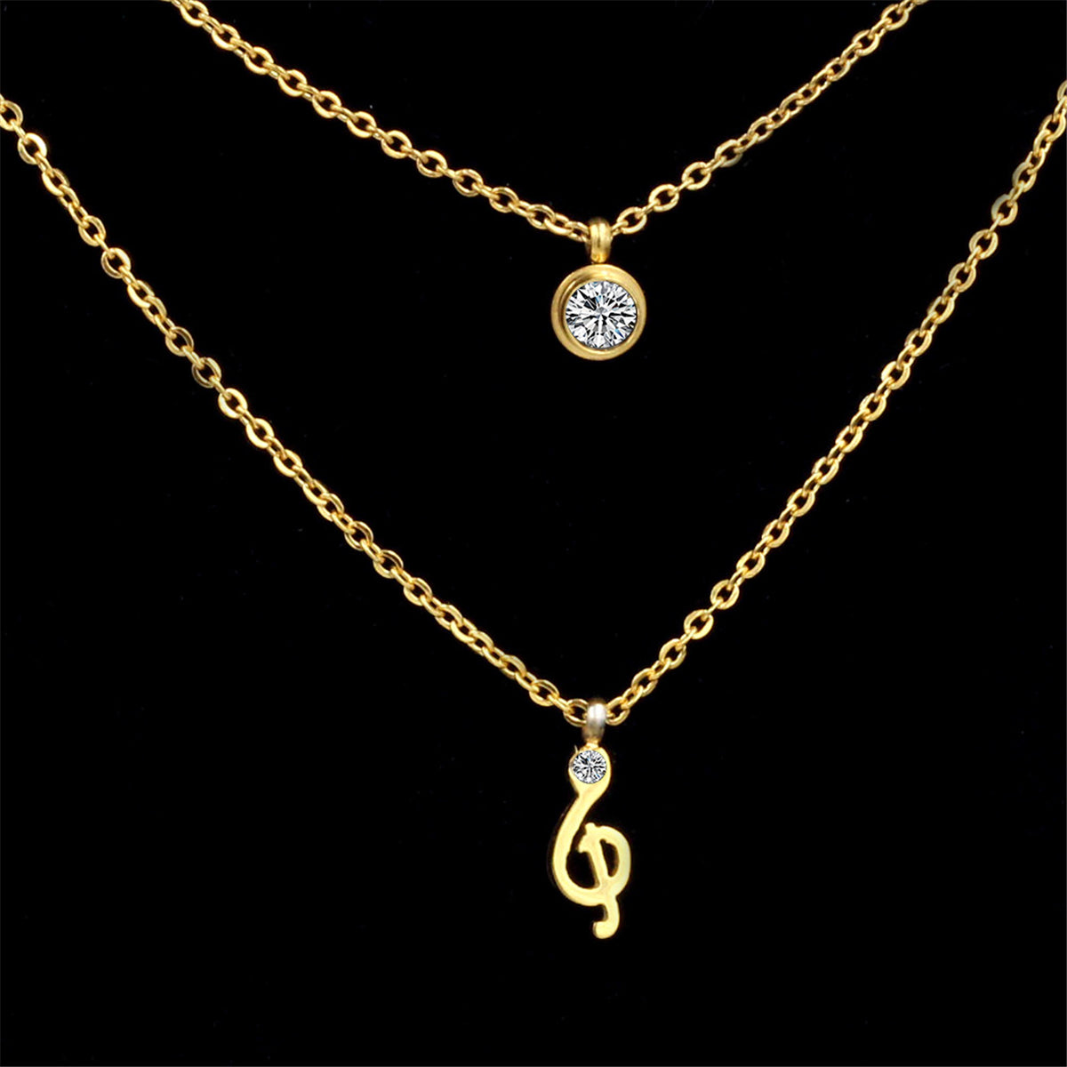 Cubic Zirconia and 18K Gold-Plated Clef Note Layered Pendant Necklace, gold pendant necklace for women, detail close-up