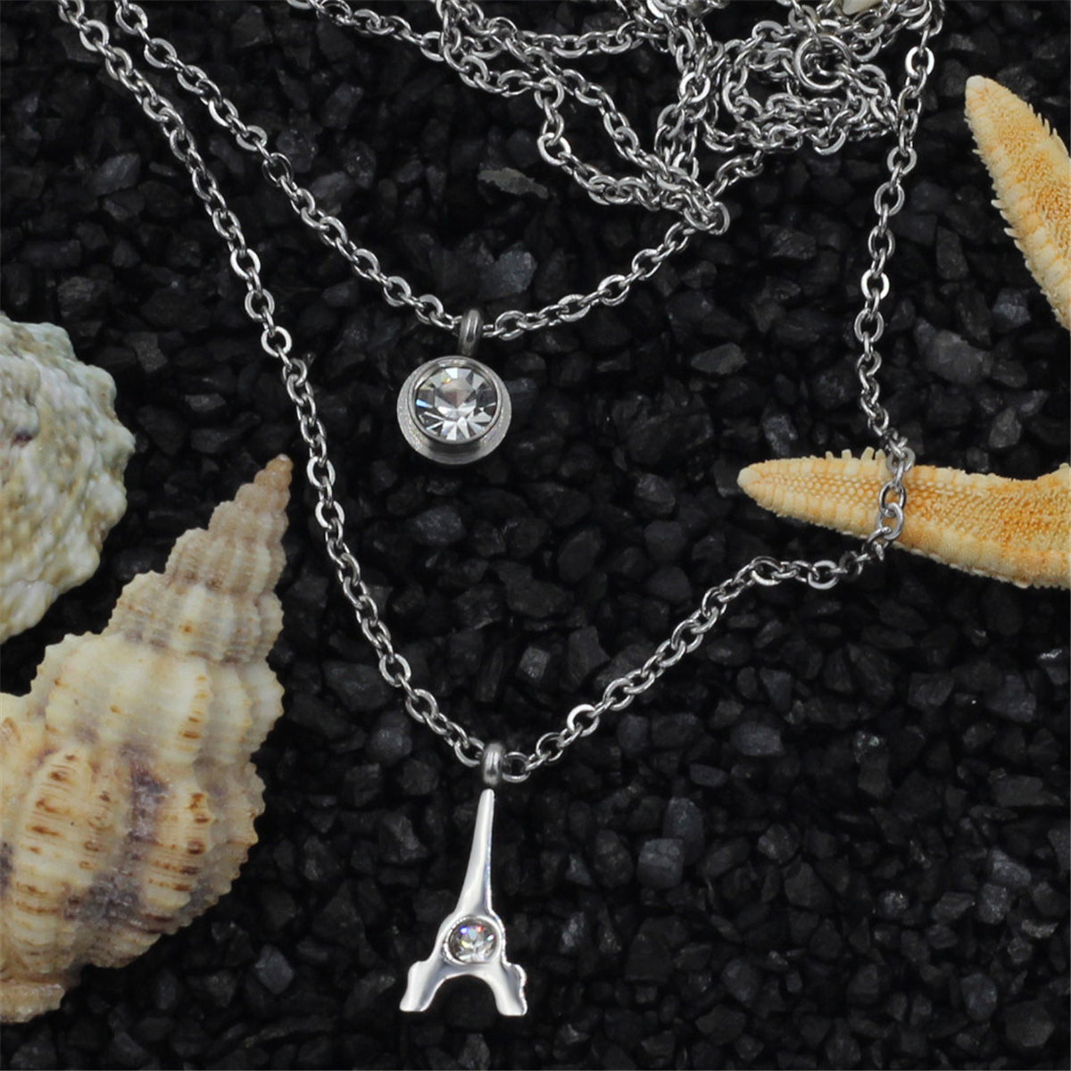 Cubic Zirconia and Silver-Plated Tower Layered Pendant Necklace, silver pendant necklace for women, detail close-up