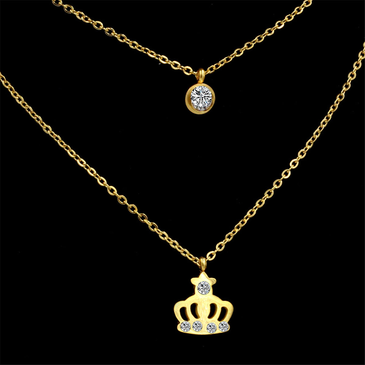 Cubic Zirconia and 18K Gold-Plated Crown Layered Pendant Necklace, gold pendant necklace for women, detail close-up