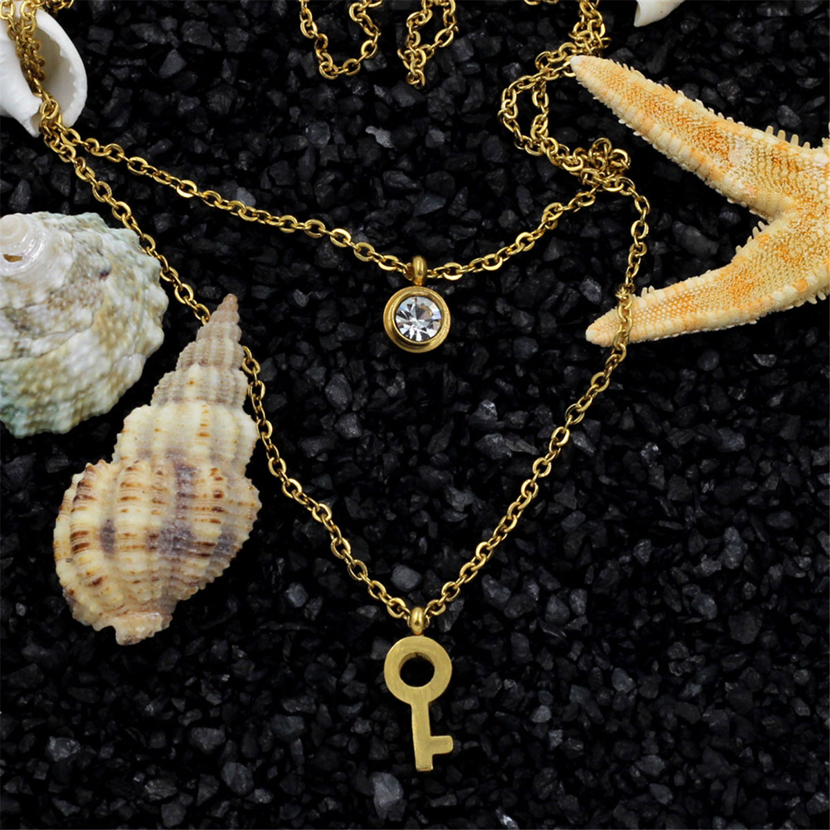 Cubic Zirconia and 18K Gold-Plated Key Layered Pendant Necklace, gold pendant necklace for women, detail close-up