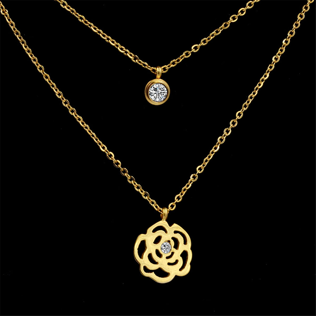 Cubic Zirconia and 18K Gold-Plated Rose Layered Pendant Necklace, gold pendant necklace for women, detail close-up