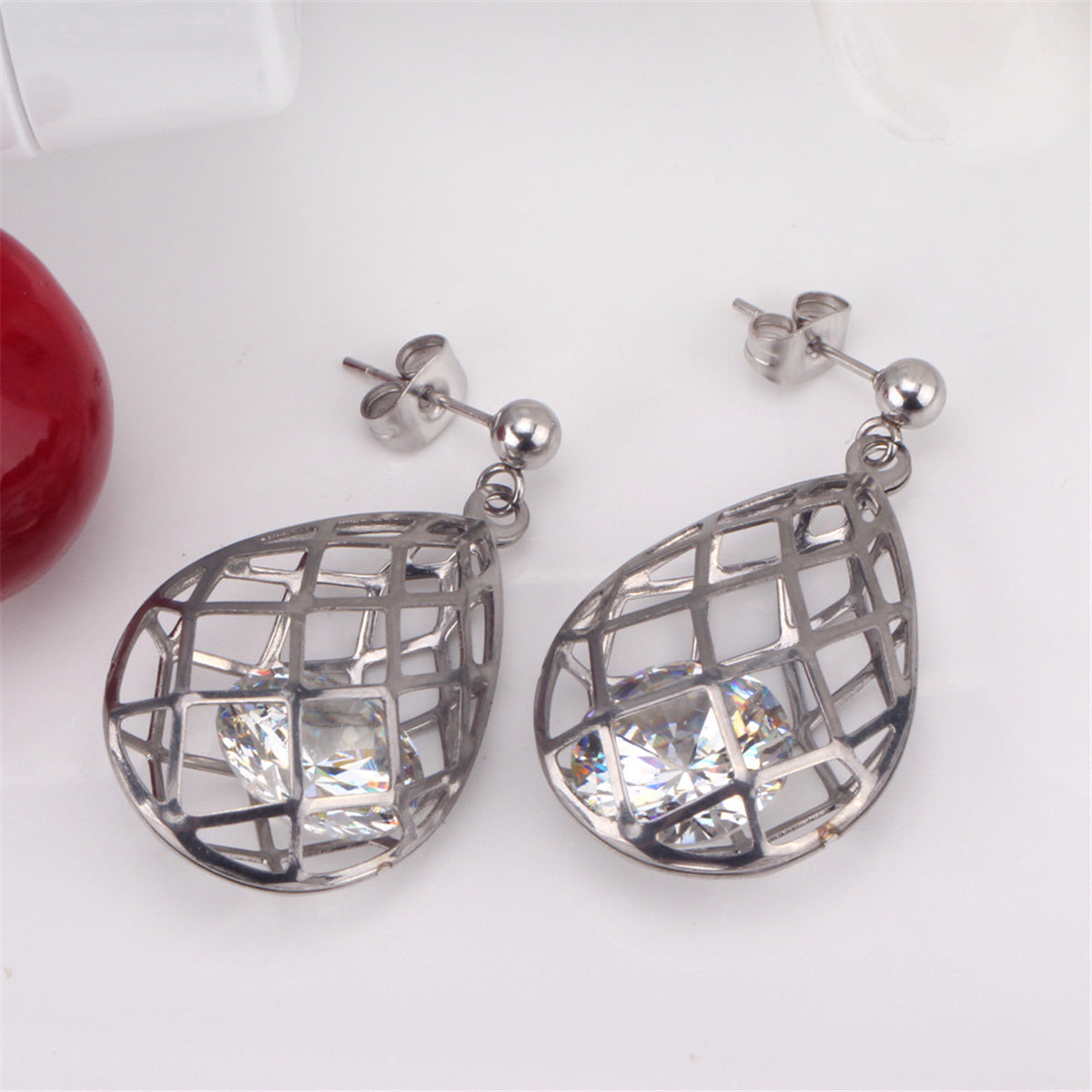 Clear Cubic Zirconia and Silver-Plated Caged Drop Earrings and Pendant Necklace, silver drop earrings..., detail close-up