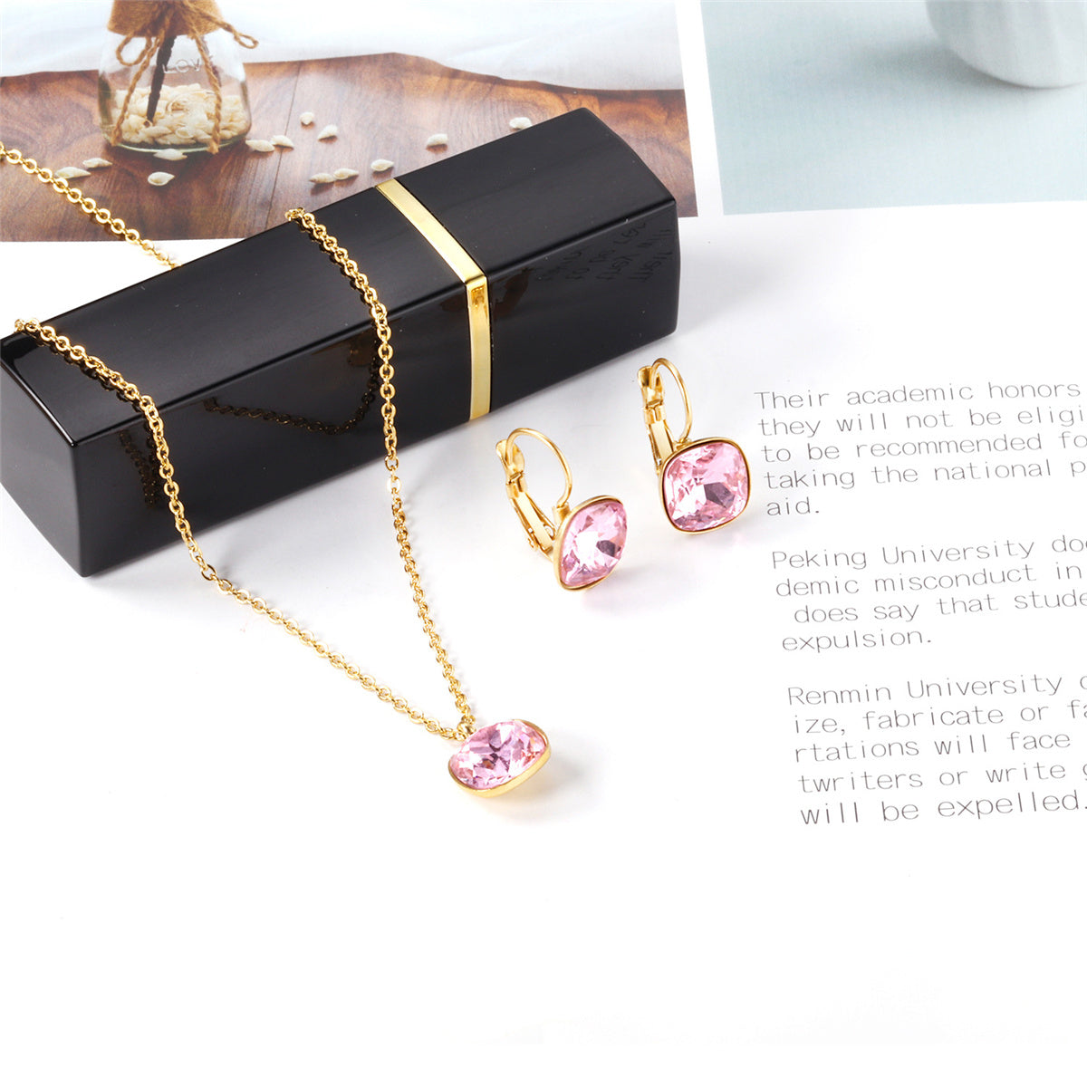 Pink Crystal and 18K Gold-Plated Square Huggie Earring Set, gold huggie earrings, vintage-inspired design, lifestyle look