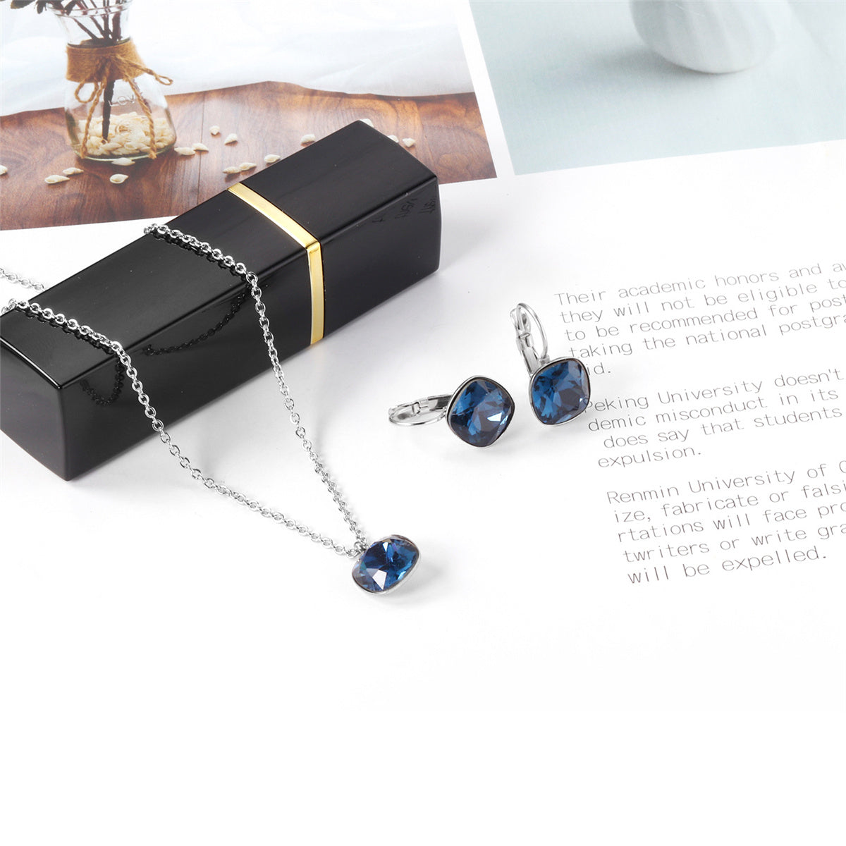 Dark Blue Crystal and Silver-Plated Square Huggie Earring Set, silver huggie earrings, lifestyle look