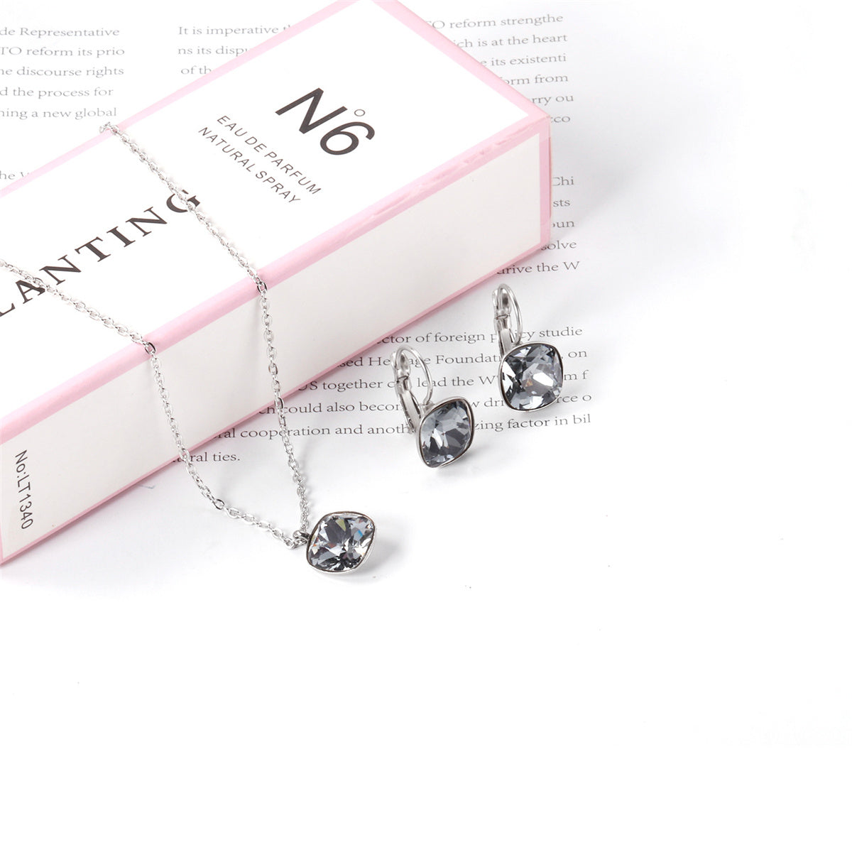 Gray Crystal and Silver-Plated Square Leverback Earrings and Pendant Necklace, silver drop earrings for..., detail close-up