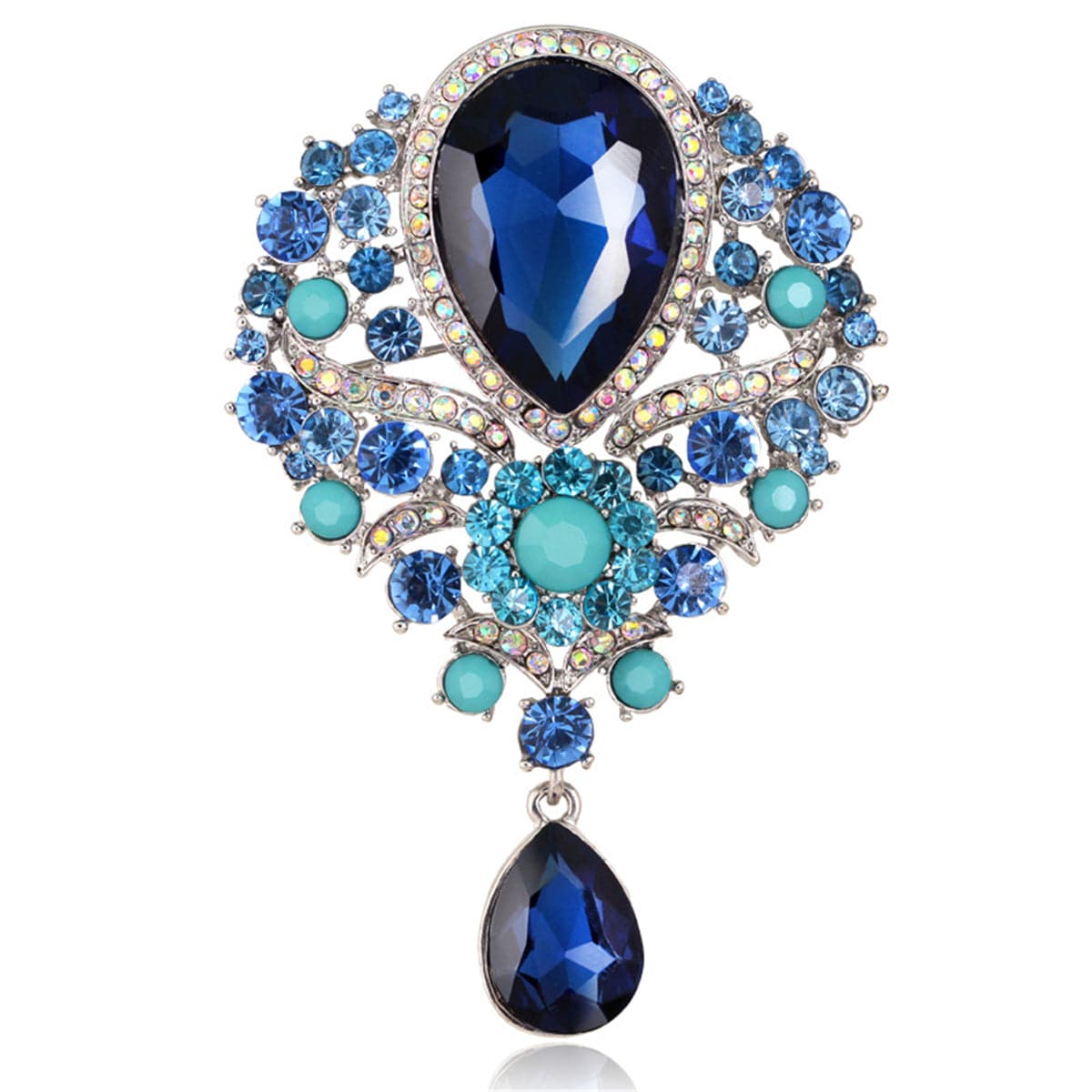 Navy Crystal and Blue Cubic Zirconia Geometric Teardrop Brooch, brooch pin, botanical inspired, front view