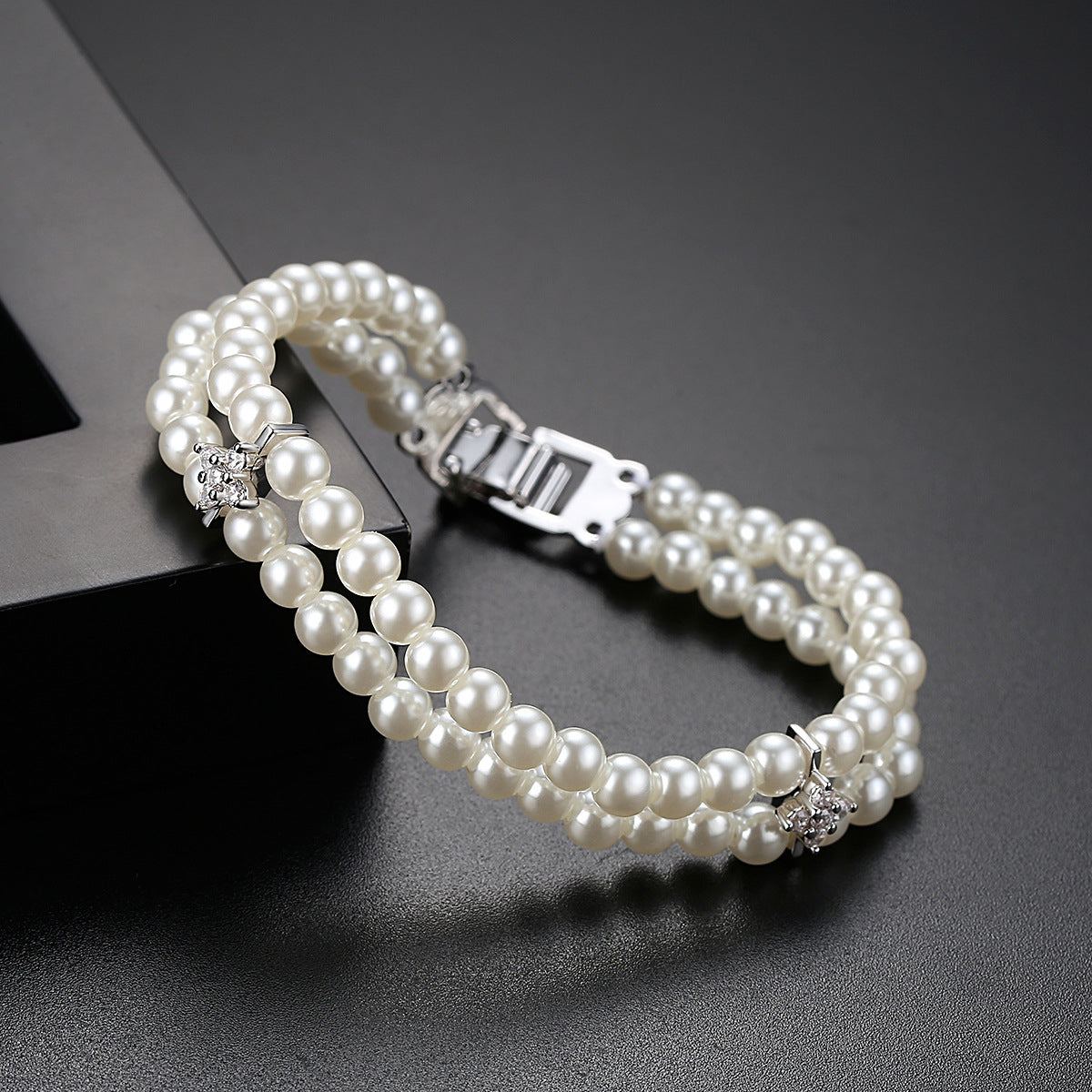 Pearl and Cubic Zirconia Silver-Plated Layered Bracelet, silver bracelet for women, botanical inspired, lifestyle look