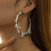 Cubic Zirconia & Silver-Plated Butterfly Bamboo Hoop Earrings