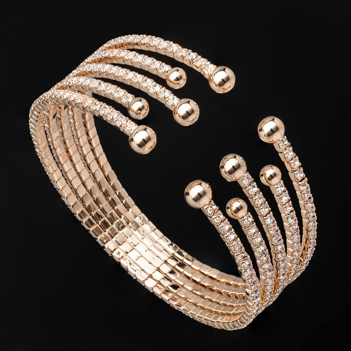 Cubic Zirconia and 18K Gold-Plated Bead End Cuff, gold bracelet for women, dainty minimalist design, detail close-up