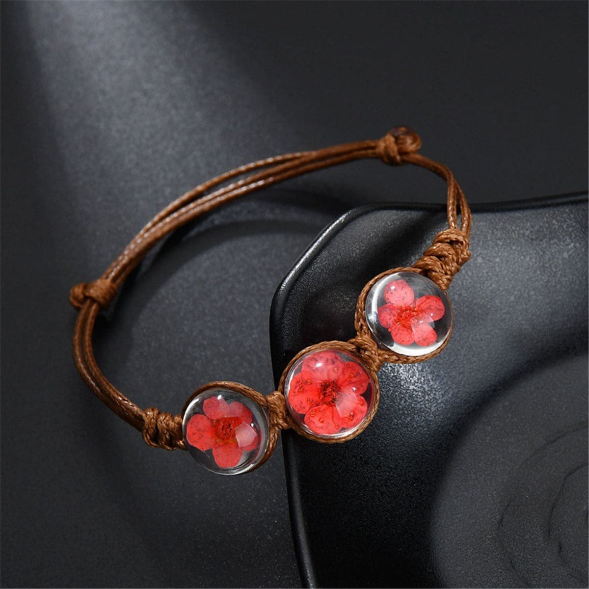 Red Triple Peach Blossom Adjustable Bracelet, bracelet for women, vintage-inspired design, front view